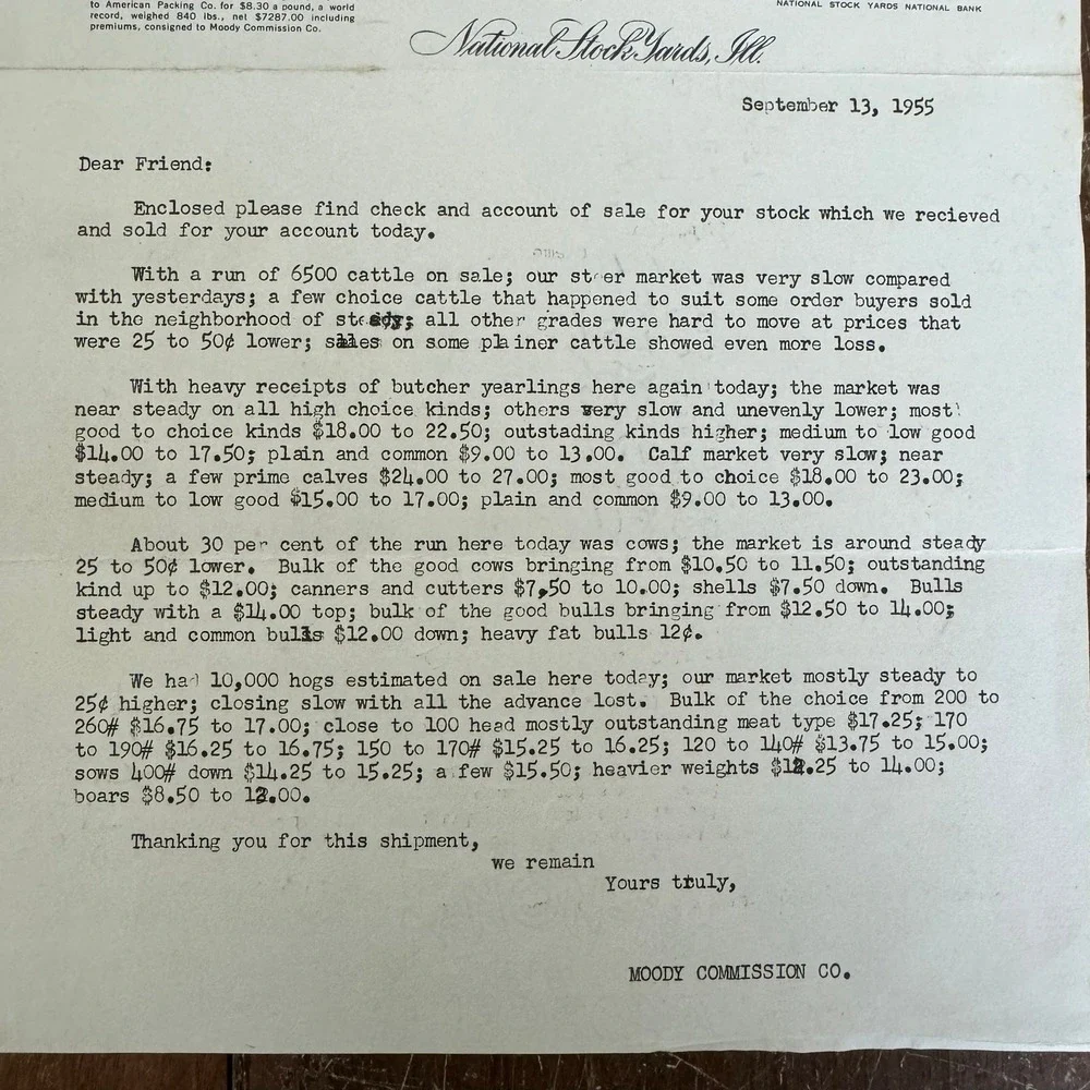Vintage 1955 Moody Commission Co Livestock Letter‎ National Stock Yards Illinois